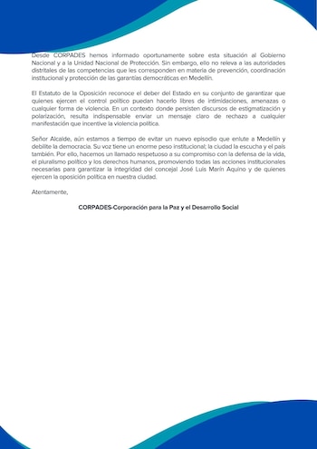 En una carta fechada el 10 de julio de 2026, Corpades sostuvo que ya informó sobre el caso al Gobierno Nacional y a la Unidad Nacional de Protección, pero remarcó que esa gestión no exime a las autoridades distritales de sus competencias en prevención - crédito @corpades/X