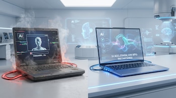 Una laptop antigua humeante con pantalla de IA "cargando" y cable rojo, frente a una AI PC moderna con luz azul y pantalla de IA fluida en un entorno de laboratorio limpio.