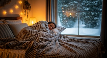Mujer joven duerme en una cama cubierta con una manta gruesa de cuadros blancos y negros, junto a una ventana con nieve cayendo afuera y un ambiente cálido en la habitación.