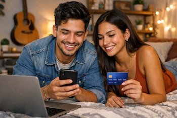 Un hombre y una mujer latinos sonrientes acostados en una cama, el hombre mirando un celular y la mujer sosteniendo una tarjeta de crédito azul, con un portátil cerca.