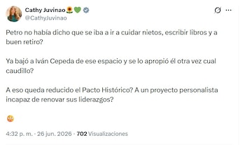 La representante Cathy Juvinao cuestionó al presidente saliente Gustavo Petro luego de que anunciara que continuará activo en la política como una de las principales voces de la oposición - crédito @CathyJuvinao/X