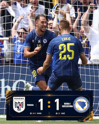 A Bósnia abriu o marcador aos 24 minutos, com um cabeceamento de Nikola Katić na cobrança de falta. (X/ @NFSBiH)