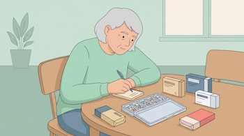 Ilustración de un adulto mayor con cabello gris sentada en una mesa, organizando pastillas en un pastillero semanal y anotando en una libreta junto a cajas de medicamentos.