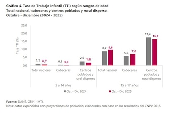 Para el trimestre octubre - diciembre 2025, en los centros poblados y rural disperso, la tasa de trabajo infantil para la población de cinco a 14 años fue 1,8% y para la población de 15 a 17 años se
ubicó en 16,3% - crédito Dane
