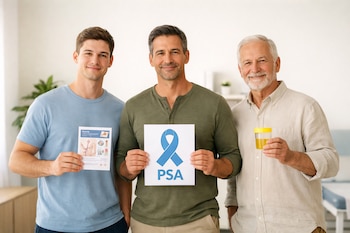 Tres hombres de pie: uno sostiene un folleto, otro un cartel con cinta azul y las letras PSA, y el tercero un frasco con muestra de orina.