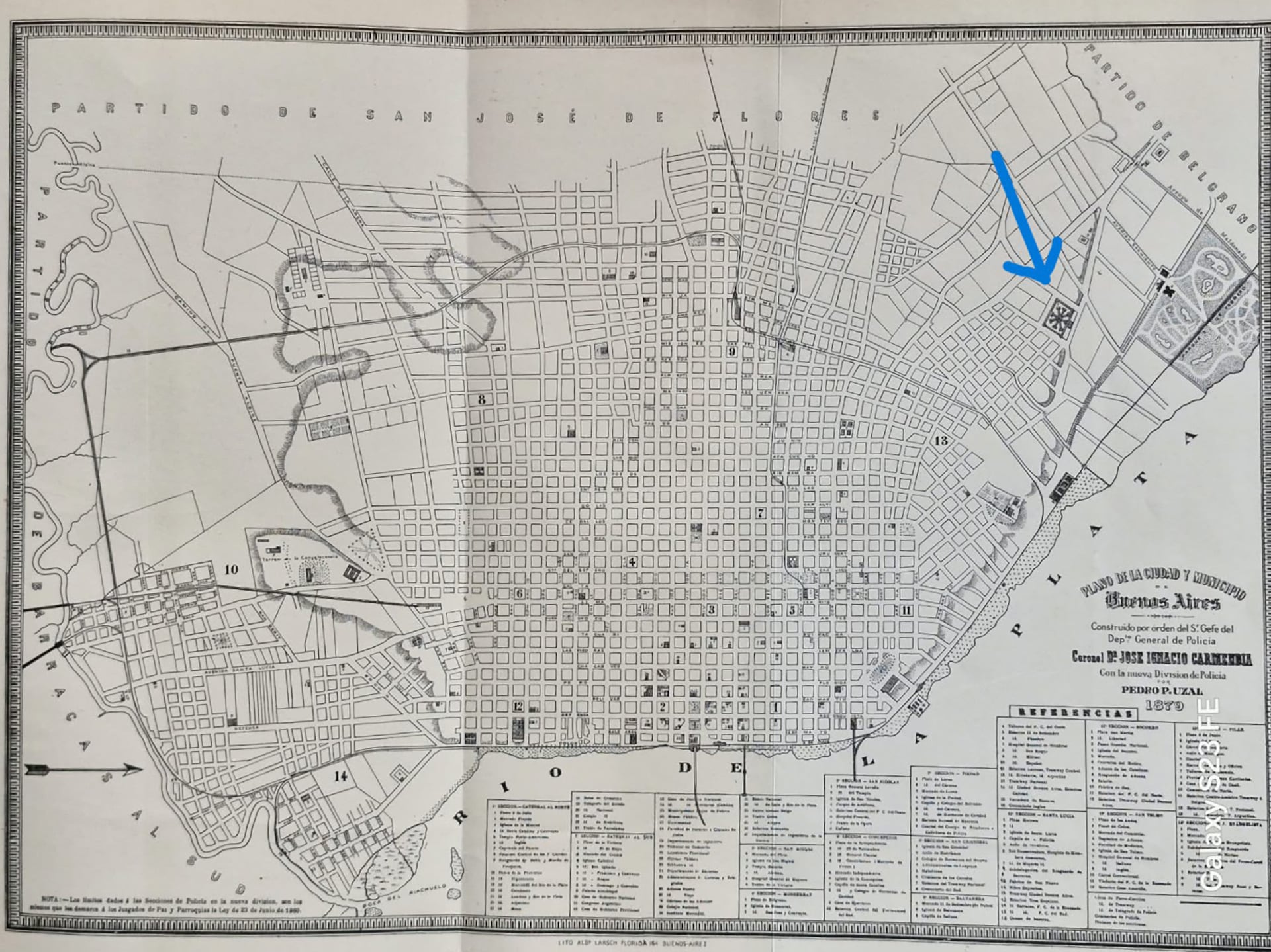 La flecha señala el emplazamiento de la Penitenciaría, según el plano de Pedro Uzal de 1879 (A. Taullard, Los planos más antiguos de Buenos Aires)