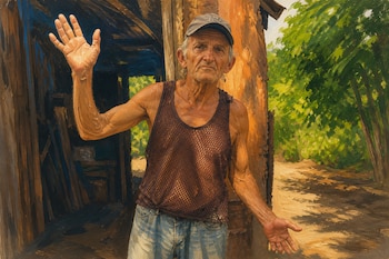 Ilustración de un hombre mayor con gorra y camiseta de rejilla que levanta la mano derecha junto a una edificación de madera.
