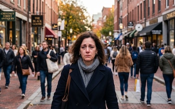 Mujer con abrigo azul y bufanda gris llorando, caminando por una calle adoquinada de Boston con edificios de ladrillo y peatones de fondo
