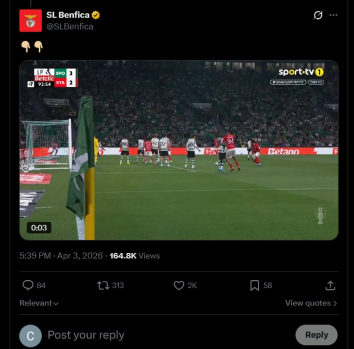 La segunda jugada polémica se presentó al final del partido-crédito @SLBenfica/X