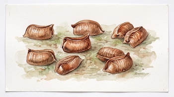 Ilustración en acuarela sobre papel blanco con nueve ootecas marrones de cucaracha dispuestas sobre manchas tenues en tonos verdes.