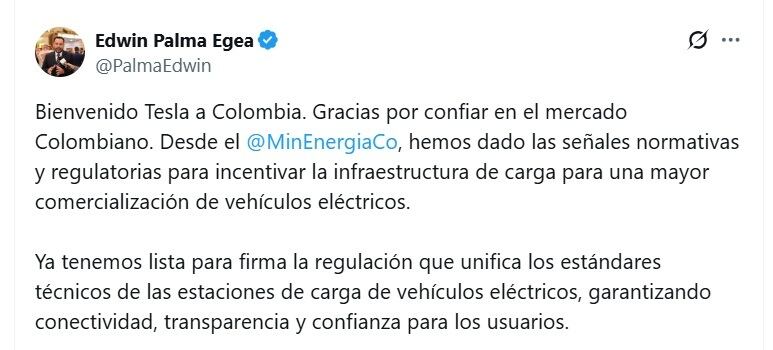 Edwin Palma, ministro de Minas y Energía, aseguró que ya está lista para firma la regulación que unifica los estándares técnicos de las estaciones de carga de vehículos eléctricos - crédito @PalmaEdwin/X