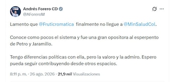 El senador Andrés Forero también lamentó la salida de Escobar y destacó su conocimiento del sistema sanitario, pese a sus diferencias políticas - crédito @AForeroM/X
