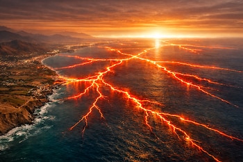 Vista aérea de la costa peruana al atardecer con líneas luminosas rojas y naranjas que se extienden sobre el mar hacia el horizonte.