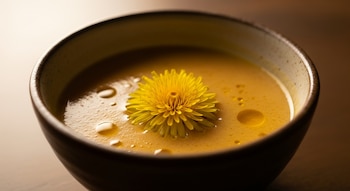 Una flor de diente de león amarilla brillante se posa sobre la superficie de una sopa espesa de tono mostaza dentro de un tazón de cerámica oscuro y rústico.