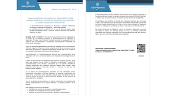 Comunicado da Superintendência de Vigilância e Segurança Privada anunciando a suspensão de 31 licenças de empresas de segurança devido à penetração de sistemas criminais - crédito Supervigilancia/X