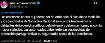 Juan Fernando Cristo alerta sobre