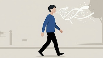 Ilustración de una persona con jersey azul y pantalones negros caminando, usando auriculares inalámbricos. De su boca abierta salen líneas abstractas que simulan ondas de sonido