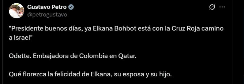 Gustavo Petro reaccionó a la liberación de Elkana Bohbot, ciudadano colombo-israelí que duró secuestrado 738 días secuestrado por Hamas - crédito @petrogustavo/X