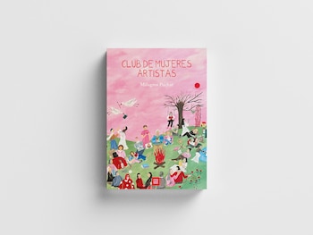 Primer plano de la portada del libro "Club de Mujeres Artistas" de Milagros Pochat, mostrando una ilustración de mujeres en un campo rosa con una fogata