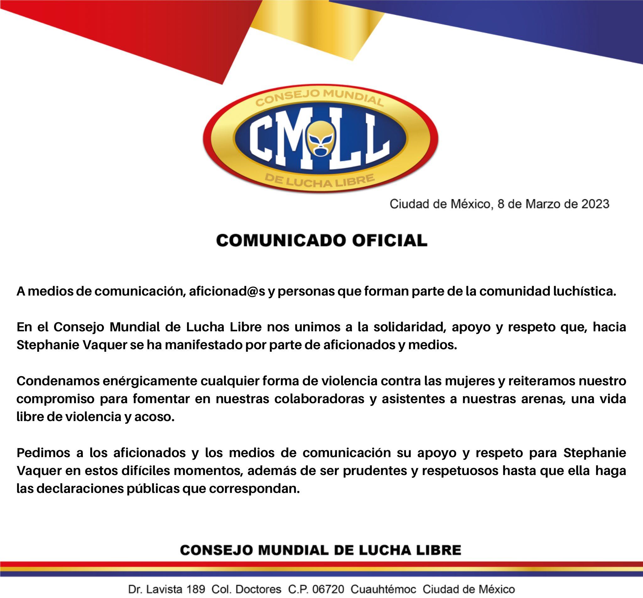 Comunicado del CMLL apoyando a Stephanie Vaquer, en ese entonces su luchadora.