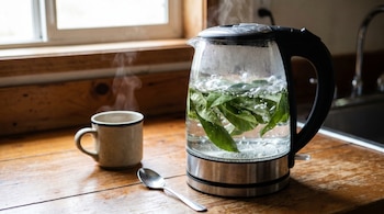 Hervidor de agua transparente con hojas de guanábana hirviendo, produciendo vapor, sobre un mesón de madera junto a una taza y una cuchara.