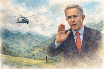 Ilustración de Álvaro Uribe levantando la mano, con un helicóptero volando sobre montañas y un campo verde, y una persona pequeña a lo lejos.