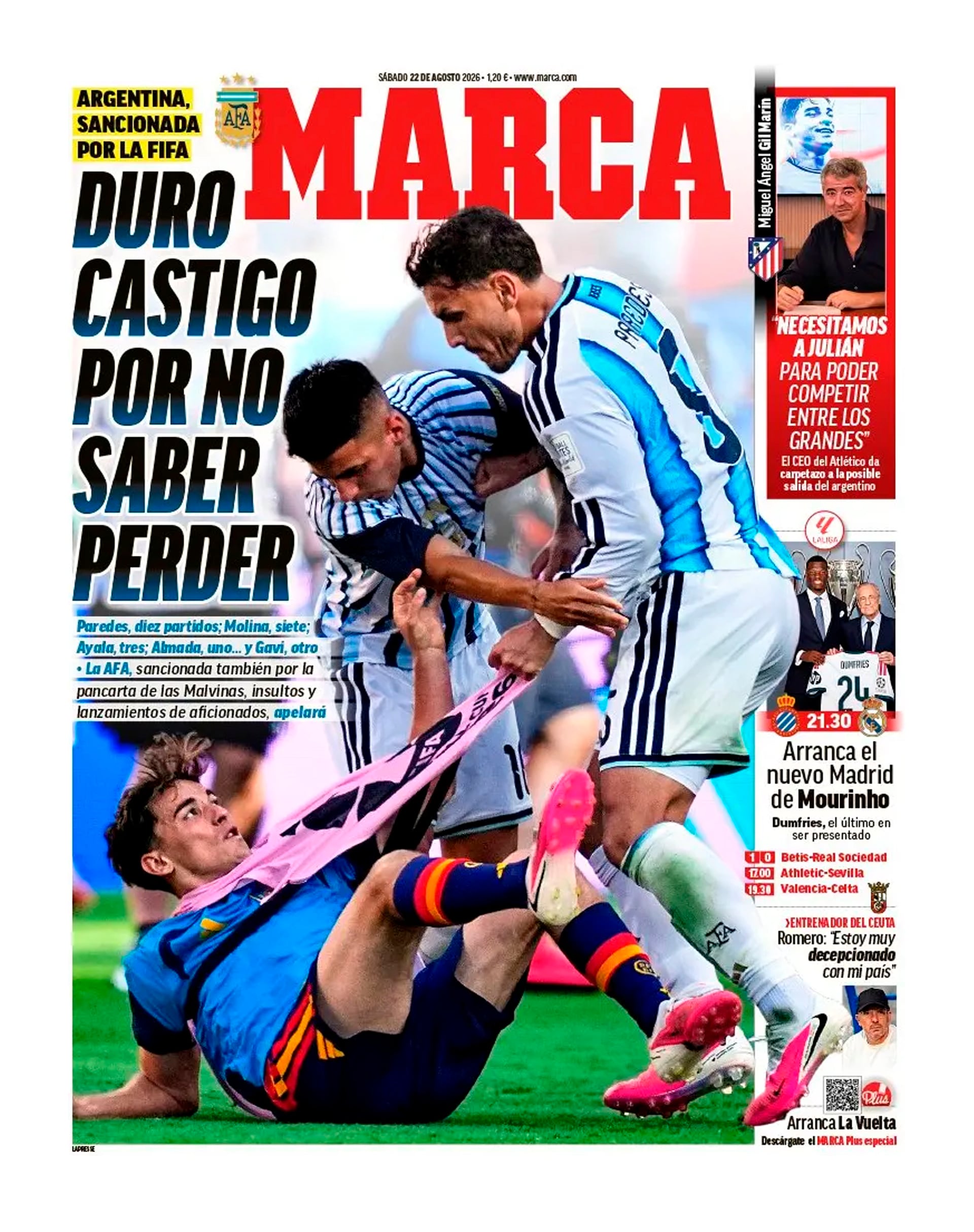 La primera página del periódico Marca destaca las sanciones dictaminadas por la FIFA contra la Asociación del Fútbol Argentino y varios de sus jugadores.