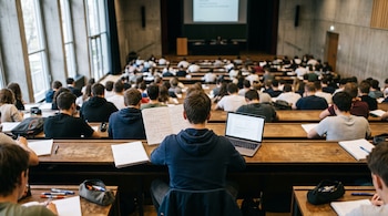 Vista de espaldas de un alumno con un cuaderno y una computadora portátil sobre el pupitre de un aula universitaria llena de estudiantes.
