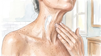 Parte superior del cuerpo de una persona con crema blanca en el cuello. Una mano la extiende sobre la piel con pecas. Fondo de baño con ventana y azulejos.