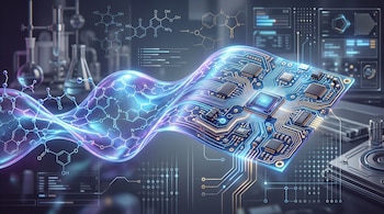 Una estructura con fórmulas moleculares conectada a un circuito electrónico con microchips sobre un fondo de laboratorio.