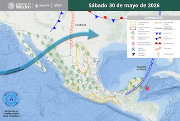 Mapa meteorológico de México con sistemas frontales, línea seca, corriente en chorro subtropical, vaguada en altura y símbolos de lluvias y vientos para el 30 de mayo de 2026