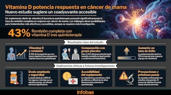 Infografía sobre vitamina D y cáncer de mama. Presenta un fondo abstracto con células y una estructura molecular, con un 43% de remisión destacado y varios iconos.