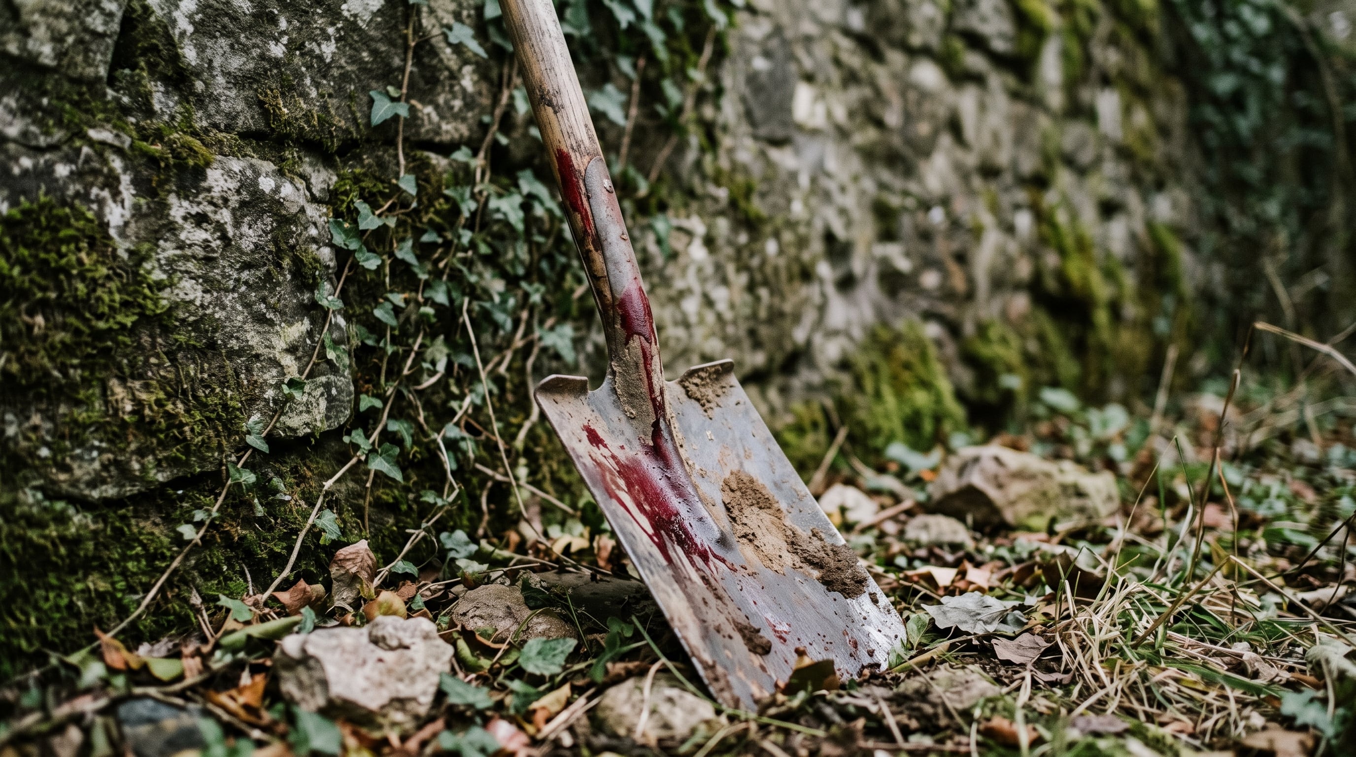Una pala metálica con manchas de sangre y tierra permanece apoyada junto a un muro de piedra cubierto de hiedra durante la investigación de un homicidio. (Imagen Ilustrativa Infobae)