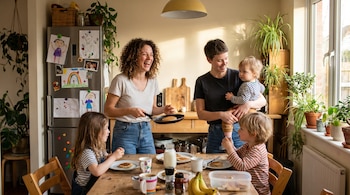 Dos mujeres y tres niños en una cocina. Una mujer con rizada cocina panqueques, la otra sostiene un bebé. Dos niños sentados en una mesa con comida.