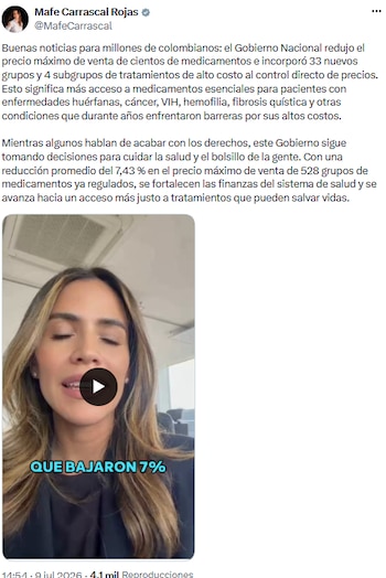 Mafe Carrascal comunicó en X la baja de precios de medicamentos regulados por valorización del peso - crédito @MafeCarrascal/X
