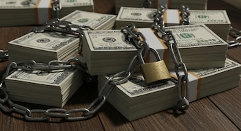 Seis fajos de billetes de 100 dólares americanos envueltos en cadenas de metal y un candado dorado sobre una superficie de madera oscura.