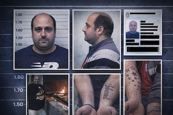 Composición con seis fotografías de un hombre: dos retratos tipo ficha policial con escala, una imagen de su documento de identidad borroso, una foto sonriendo y dos fotos de sus brazos con tatuajes.