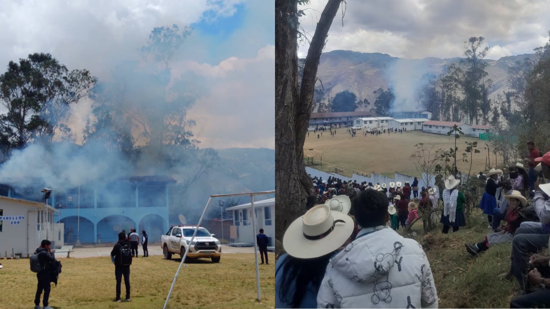 Un incendio causado por una detonación afecta la institución educativa David Sánchez Infante en Sorochuco, Cajamarca, durante el proceso electoral. (Infobae Perú)