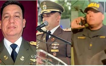 Tres imágenes de hombres con uniformes militares: un retrato formal, un oficial en un podio con micrófono y otro hablando por teléfono celular
