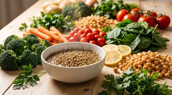 Tazón de lentejas humeantes, brócoli, zanahorias, tomates cherry, espinaca, rodajas de limón, garbanzos, perejil y cilantro sobre mesa de madera.