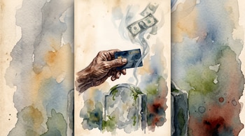 Mano masculina sostiene una tarjeta bancaria oscura con el texto "CalSTRS". Debajo, una lápida de piedra gris con musgo. Billetes de dólar flotan sobre ella.