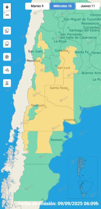 El SMN emitió alerta amarilla por lluvias y nevadas con ráfagas de viento que complicaron la visibilidad y el tránsito en rutas