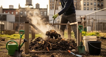 Una persona con guantes y un rastrillo revuelve una pila de compost humeante en un contenedor de madera y malla. Hay herramientas de jardinería alrededor y edificios urbanos al fondo.