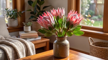 Tres grandes flores de Protea rosadas con hojas verdes en un jarrón de cerámica sobre una mesa de madera. Una ventana y otras plantas de interior se ven al fondo.