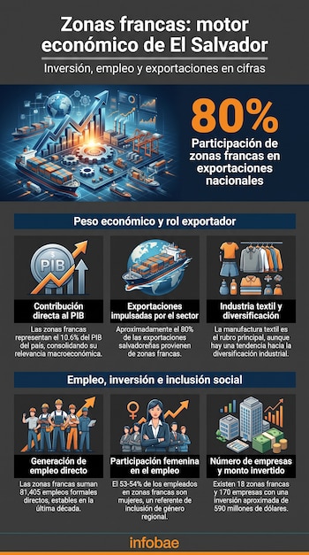 Infografía sobre las zonas francas de El Salvador con gráficos e iconos que ilustran datos económicos como PIB, exportaciones, empleo e inversión.