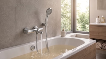Bañera blanca llena parcialmente con agua de color amarillento que sale de un grifo de metal sobre una pared gris.