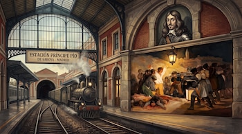 Estación de tren con vías, una locomotora de vapor, un cartel con el nombre Príncipe Pío, un retrato superior y un mural de fusilamientos.