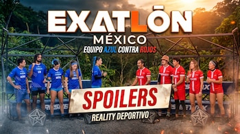 Portada promocional de Exatlón México mostrando dos equipos de atletas, uno de azul y otro de rojo, con un cartel de "SPOILERS" y el logo del programa.