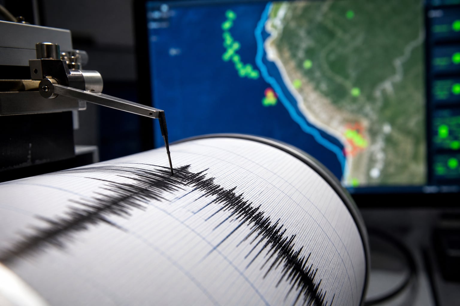 Un sismógrafo del Instituto Geofísico del Perú registra la actividad telúrica en papel mientras un monitor muestra el mapa de la costa del Pacífico. (Imagen Ilustrativa Infobae)