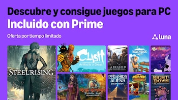 Fondo morado con el logo de Luna, el texto Incluido con Prime y portadas de varios videojuegos, como Steelrising